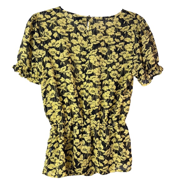 Who What Wear Floral Blouse Top Yellow Black Short‎ Sleeve Smocked Waist Small - Picture 5 of 7